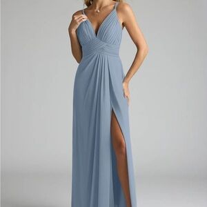 Azazie Maren Allure Dusty Blue A-Line V-Neck Lace Chiffon Dress Size A4